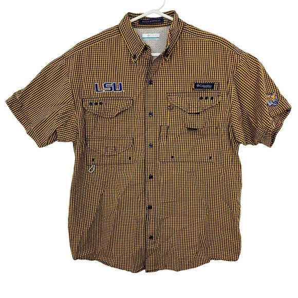 Columbia PFG Super Bonehead Fishing Shirt LSU Tigers Plaid Mens Sz S Gold Purple - Picture 1 of 8